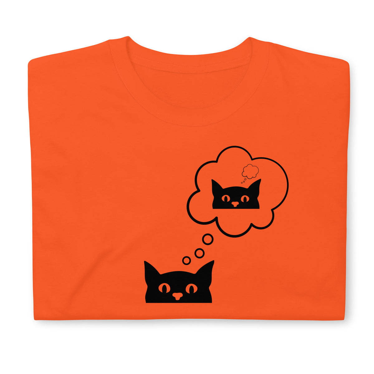 Folded front facing graphic T-shirt in color orange, featuring printed image of cat with thought bubble, and duplicate cat image inside the thought bubble, in black print. From What Was Said (Statement Apparel + More). 