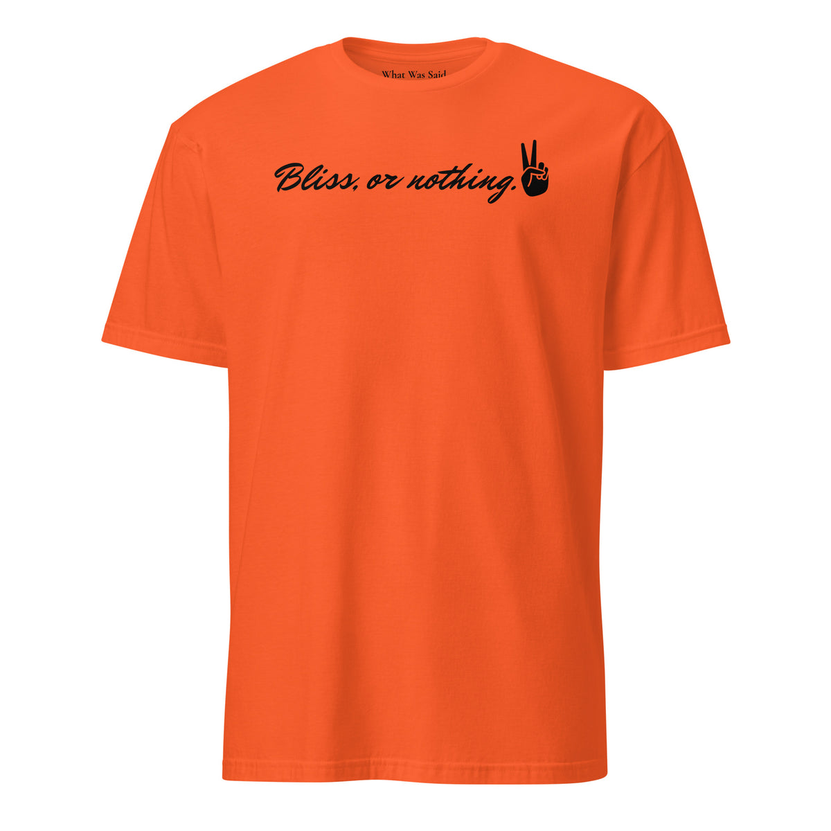 Front facing graphic t-shirt in color orange, featuring statement, 'Bliss, or nothing,' in bold black cursive print. With a hand showing the peace sign at the end of the statement. From What Was Said (Statement Apparel + More).