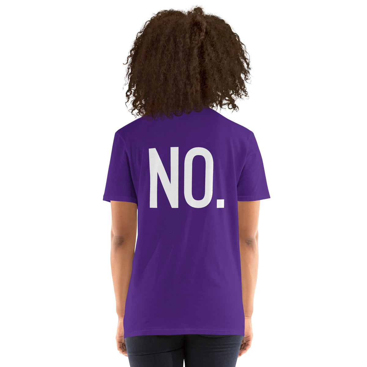 Model is wearing back facing graphic t-shirt in color purple, featuring the statement 'NO.' in bold white print. From What Was Said (Statement Apparel + More). 