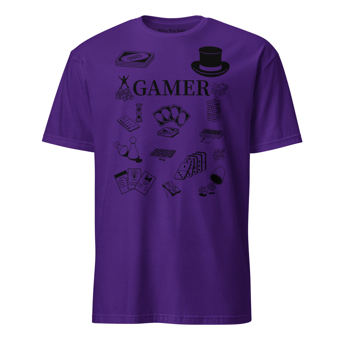 Front facing graphic T-shirt in color purple, featuring printed image of various classic board game pieces and the word 'GAMER' in black print, from What Was Said (Statement Apparel + More). 