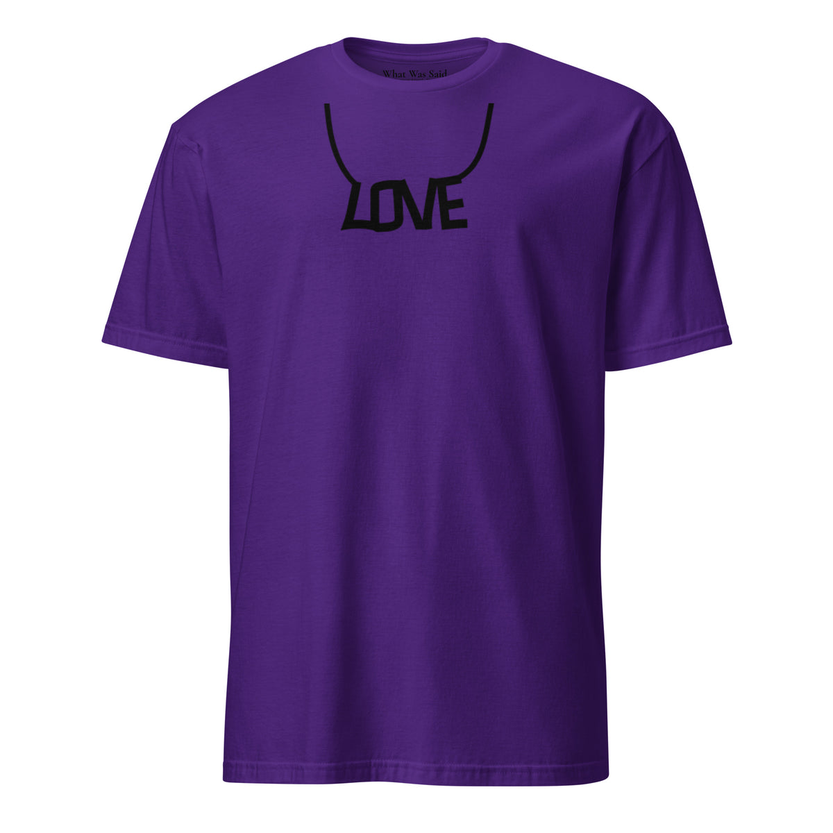 Front facing graphic T-shirt in color purple, featuring printed image of the written word 'LOVE' as a necklace, in black print. From What Was Said (Statement Apparel + More).