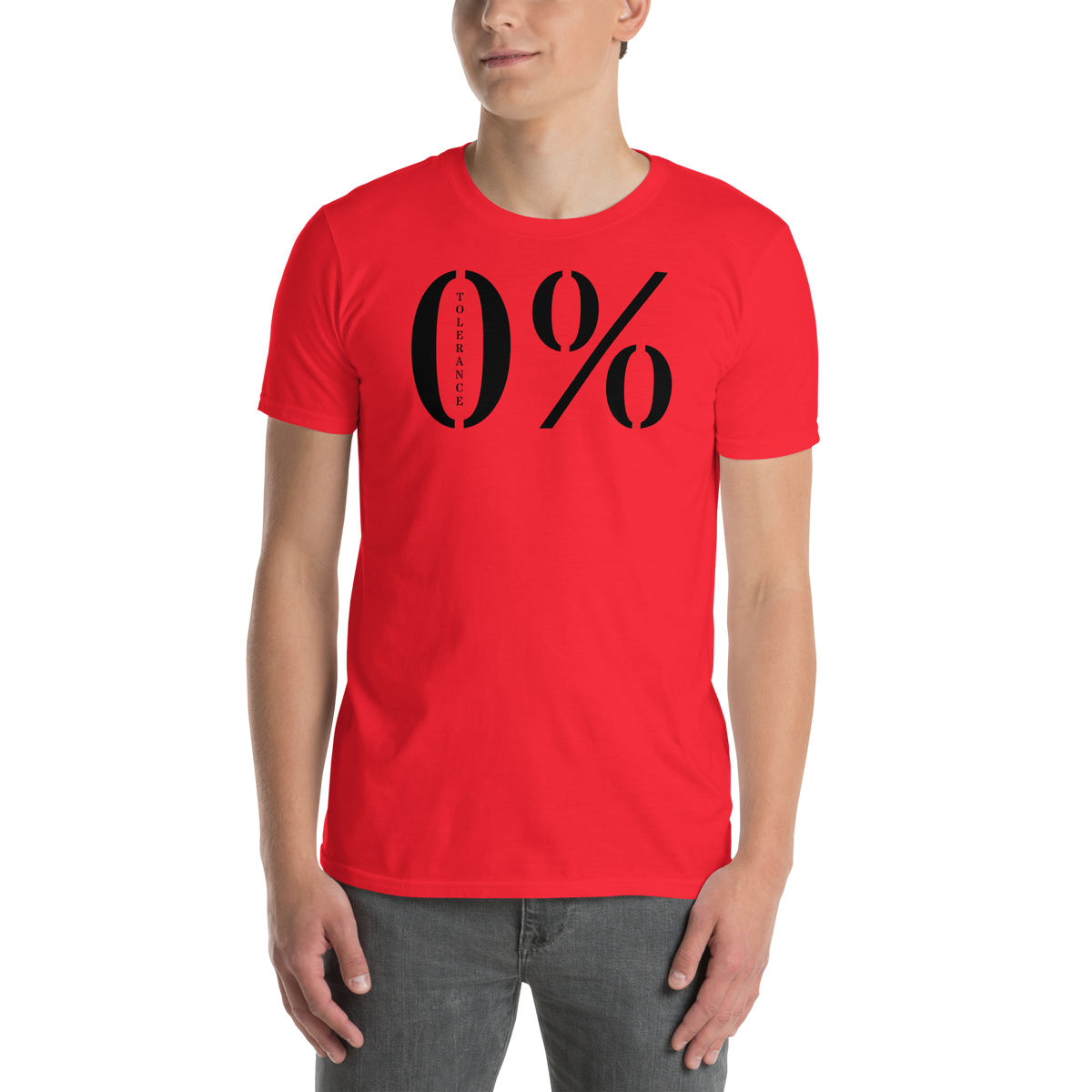 Model is wearing front facing graphic t-shirt in color red featuring a large zero percent symbol and the written word, 'TOLERANCE', in bold black print. From What Was Said (Statement Apparel + More).
