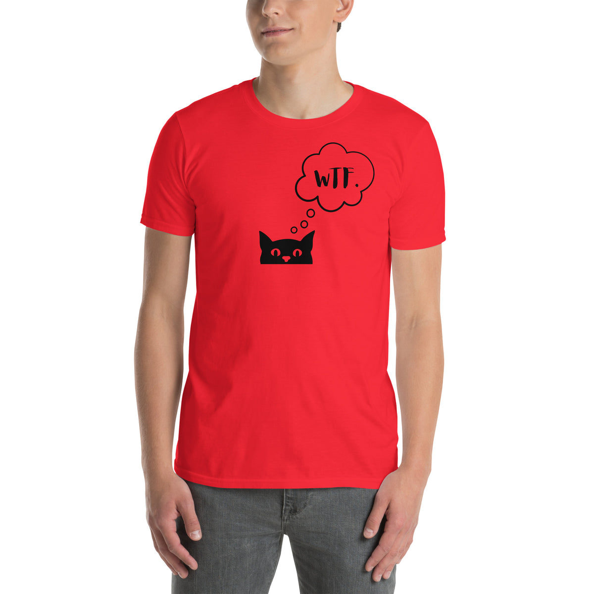 Model wearing front facing graphic T-shirt in color red, featuring printed image of cat with thought bubble, and the initialism 'WTF', inside the bubble in black print. From What Was Said (Statement Apparel + More). 