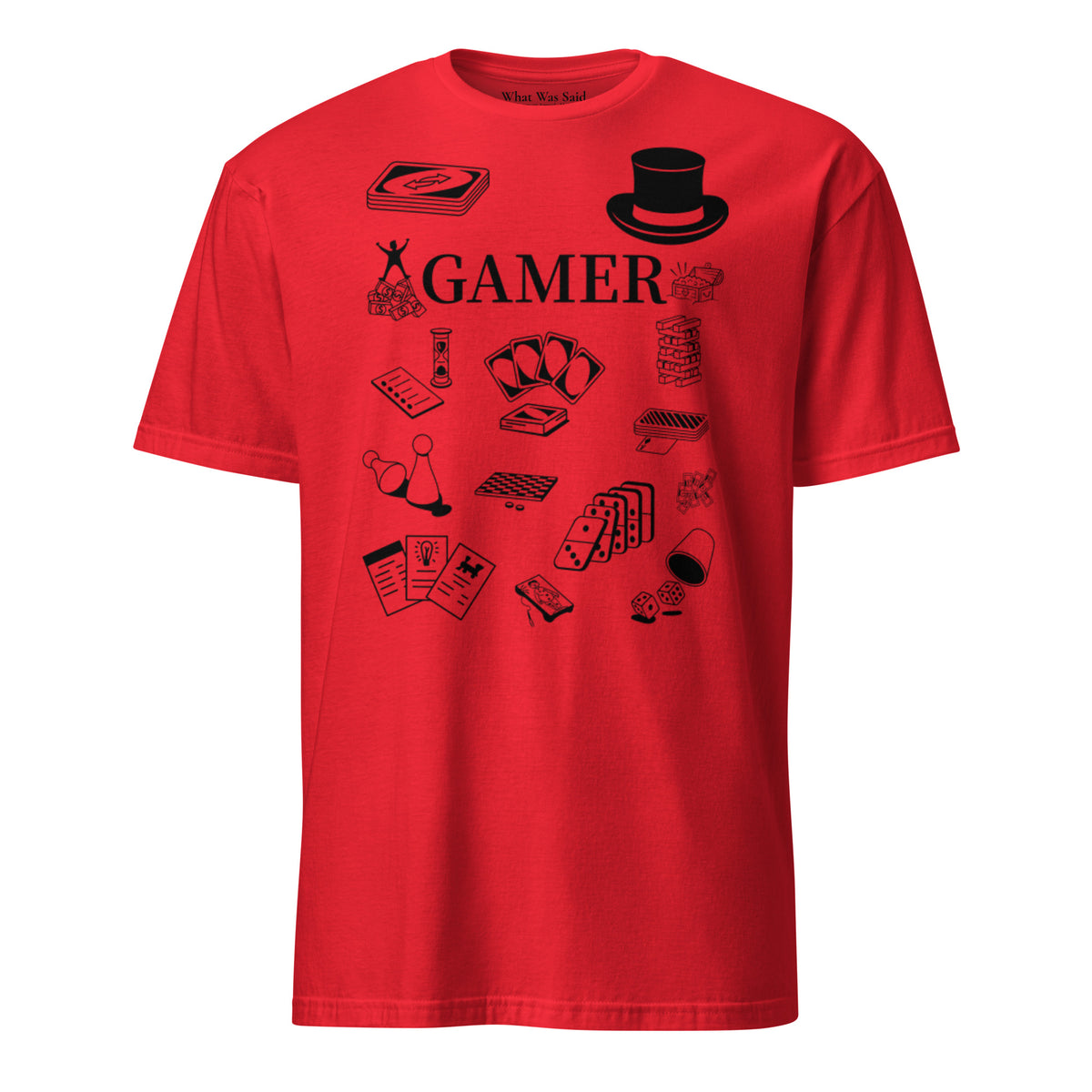 Front facing graphic T-shirt in color red, featuring printed image of various classic board game pieces and the word 'GAMER' in black print, from What Was Said (Statement Apparel + More). 
