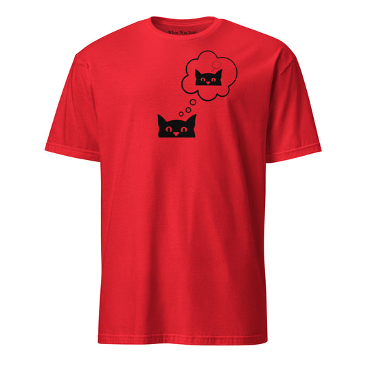 Front facing graphic T-shirt in color red, featuring printed image of cat with thought bubble, and duplicate cat image inside the thought bubble, in black print. From What Was Said (Statement Apparel + More). 