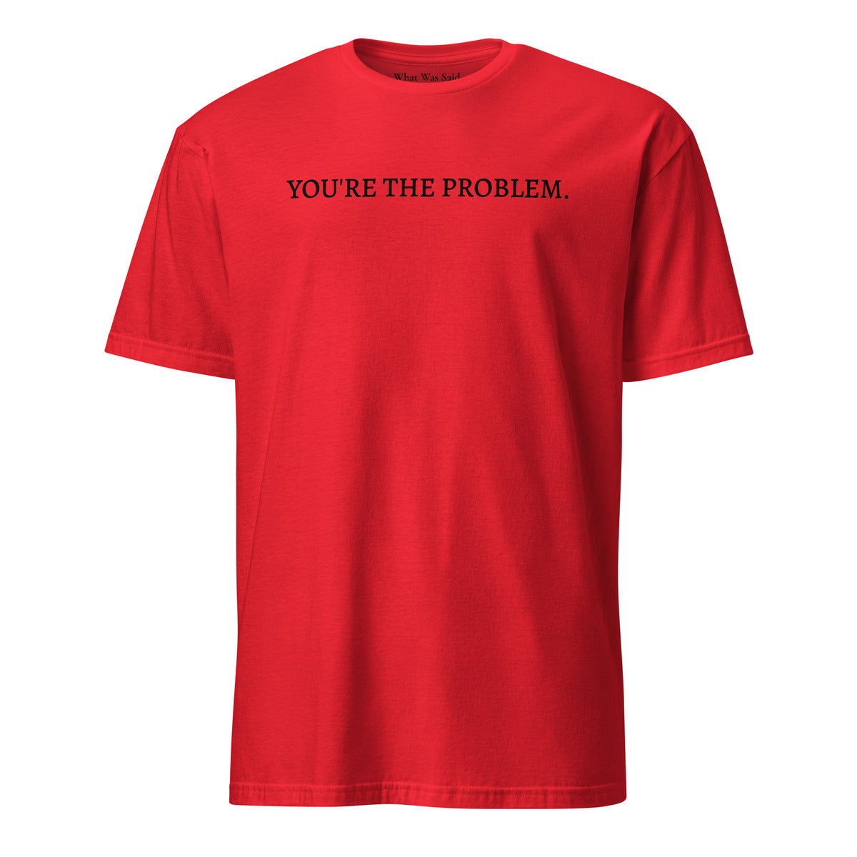 Front facing graphic t-shirt in color red featuring statement, 'YOU'RE THE PROBLEM', in bold black print. From What Was Said (Statement Apparel + More).