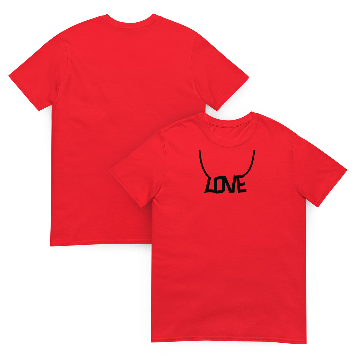 Front and back facing graphic T-shirt in color red, featuring printed image of the written word 'LOVE' as a necklace on the front, in black print on the front of the shirt. From What Was Said (Statement Apparel + More).