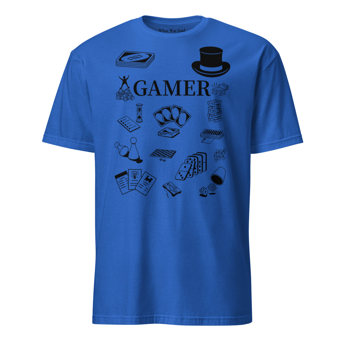 Front facing graphic T-shirt in color royal blue, featuring printed image of various classic board game pieces and the word 'GAMER' in black print, from What Was Said (Statement Apparel + More). 