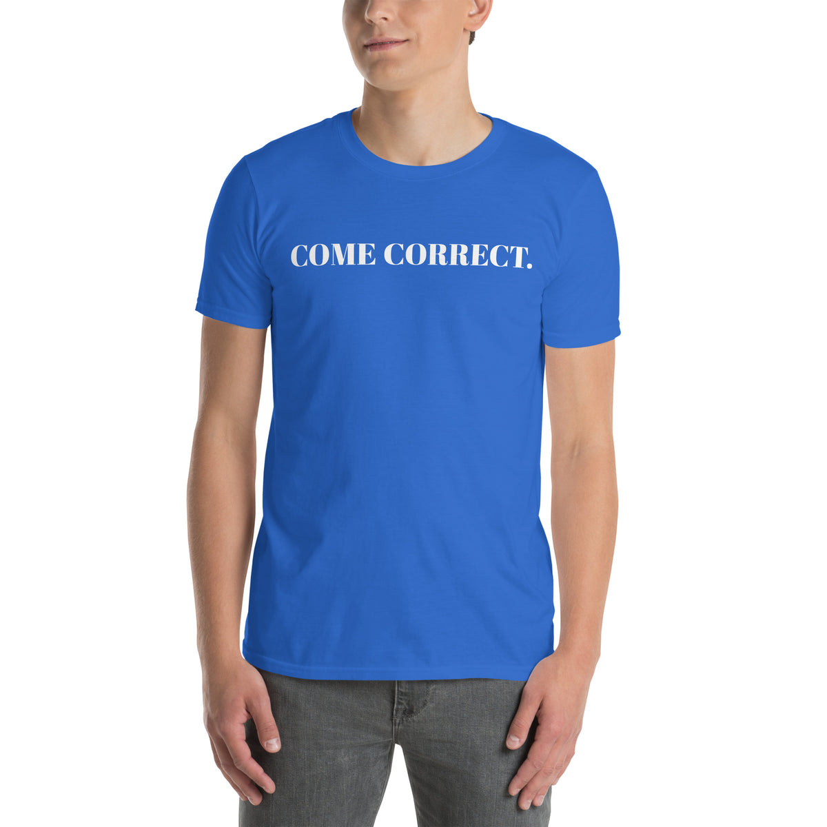 Model is wearing front and back facing graphic t-shirts in color royal blue, featuring statement 'COME CORRECT', in bold white print on the front. From What Was Said (Statement Apparel + More).