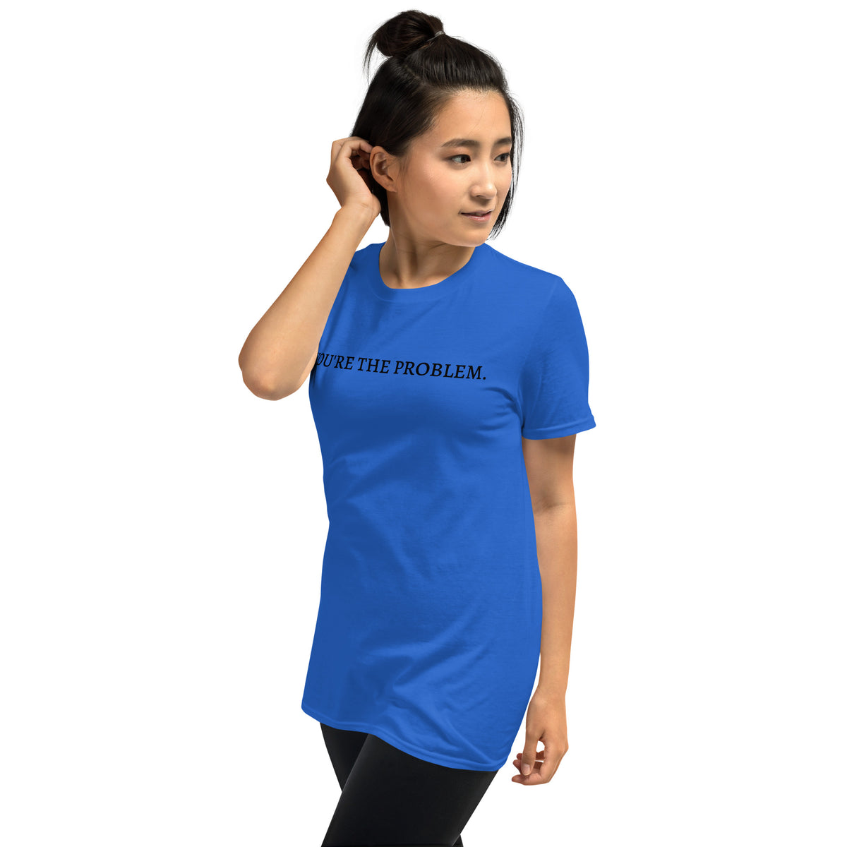 Model is wearing left front facing graphic t-shirt in color royal blue featuring statement, 'YOU'RE THE PROBLEM', in bold black print. From What Was Said (Statement Apparel + More).