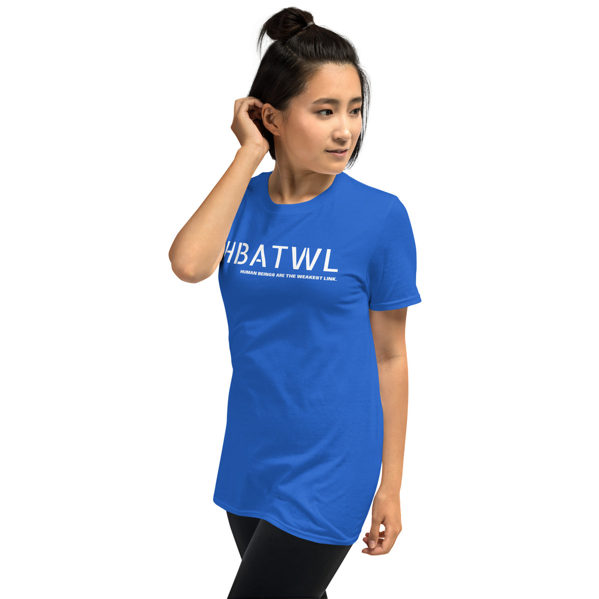 Model wearing left front facing unisex graphic t-shirt in color royal blue. Featuring initialism, HBATWL, and statement 'HUMAN BEINGS ARE THE WEAKEST LINK', in bold white print. From What Was Said (Statement Apparel + More).