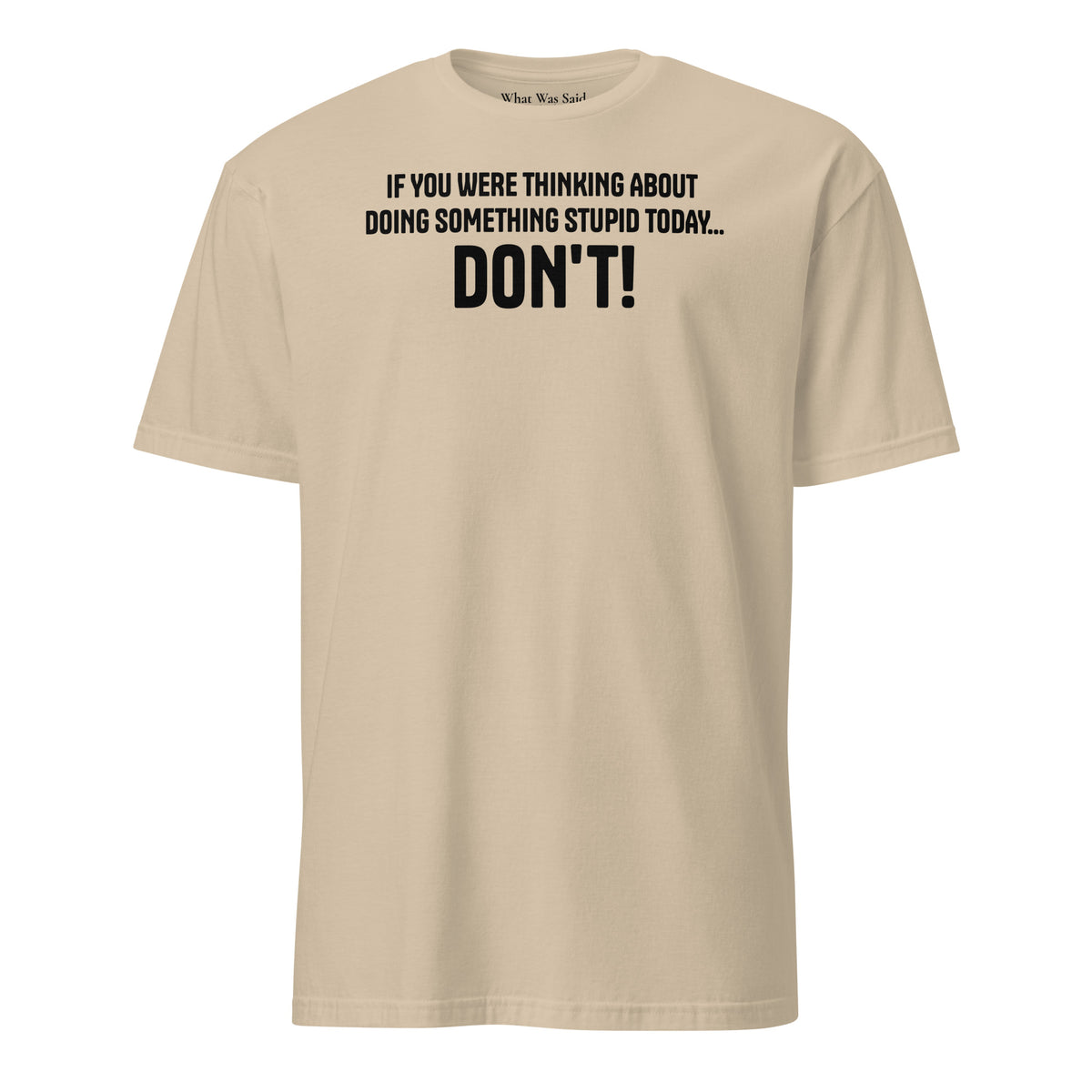 Front facing graphic t-shirt in color sand, featuring statement, 'IF YOU WERE THINKING ABOUT DOING SOMETHING STUPID TODAY... DON'T!' in bold black print. From What Was Said (Statement Apparel + More).