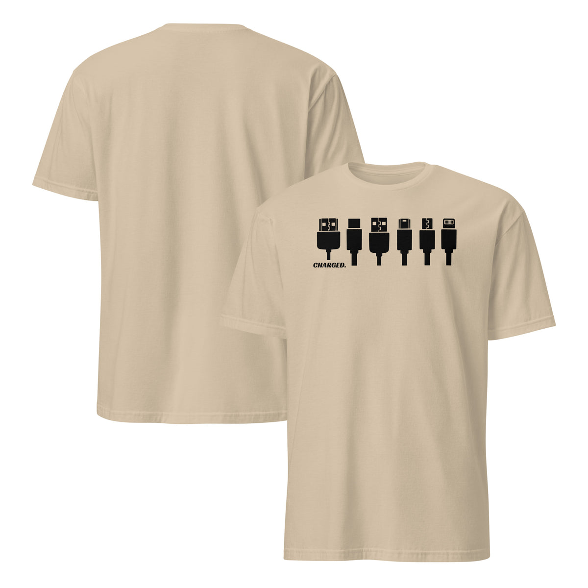 Front and back facing graphic T-shirt in color sand, featuring printed image of various device chargers and the written word 'CHARGED' in black print on the front of the shirt. From What Was Said (Statement Apparel + More).