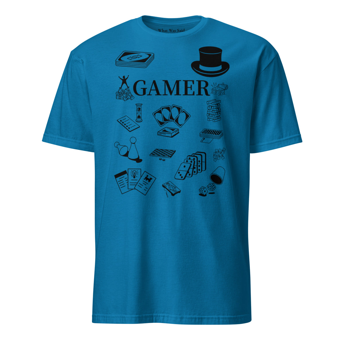 Front facing graphic T-shirt in color sapphire blue, featuring printed image of various classic board game pieces and the word 'GAMER' in black print, from What Was Said (Statement Apparel + More). 