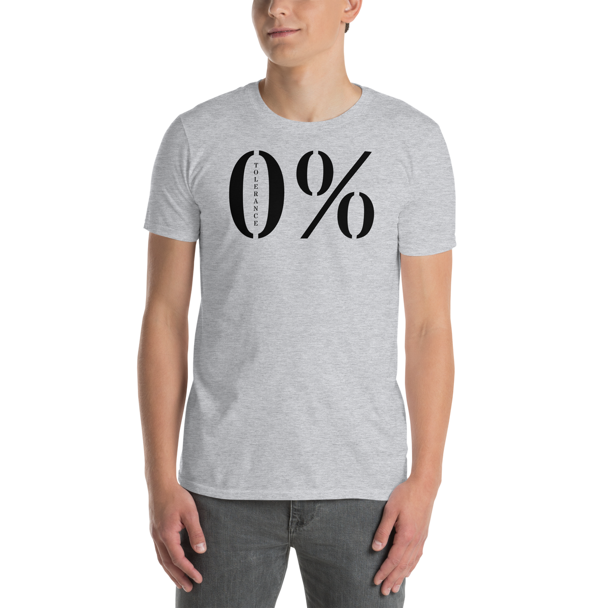 Model is wearing front facing graphic t-shirt in color sport grey featuring a large zero percent symbol and the written word, 'TOLERANCE', in bold black print. From What Was Said (Statement Apparel + More).