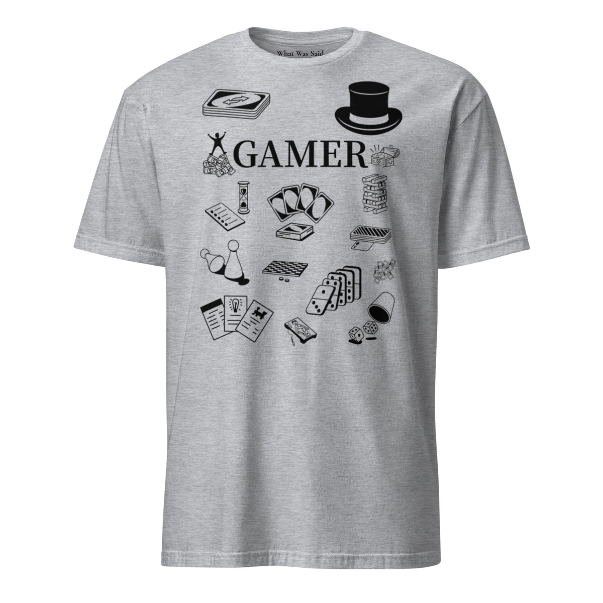 Front facing graphic T-shirt in color sport grey, featuring printed image of various classic board game pieces and the word 'GAMER' in black print, from What Was Said (Statement Apparel + More). 