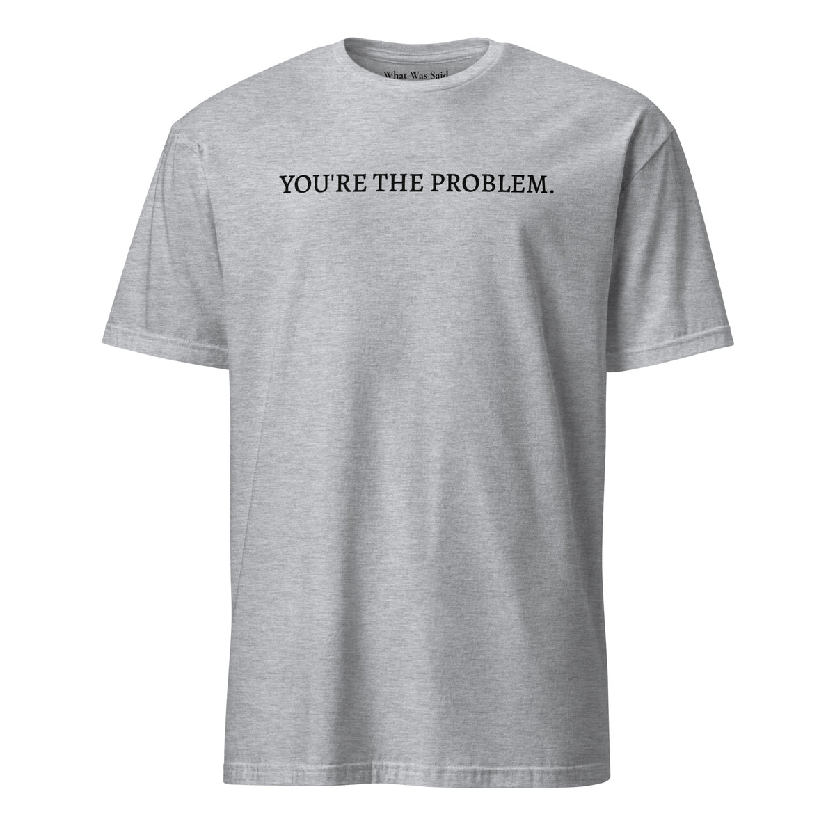 Front facing graphic t-shirt in color light sport grey featuring statement, 'YOU'RE THE PROBLEM', in bold black print. From What Was Said (Statement Apparel + More).