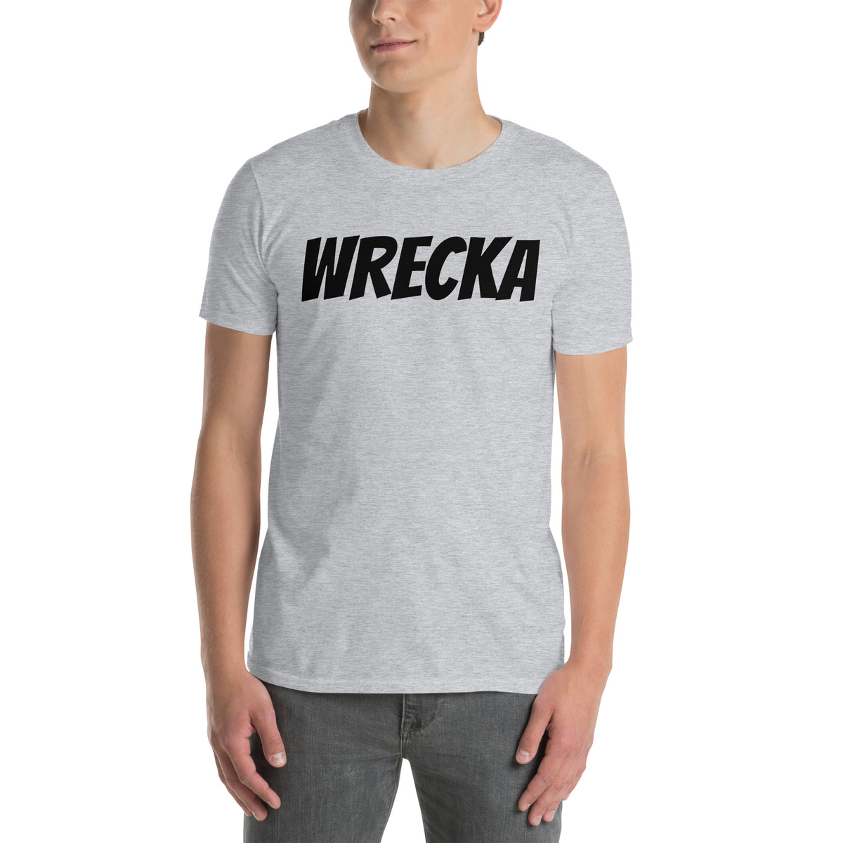 Model is wearing front facing graphic t-shirt in color sport grey, featuring the word 'WRECKA,' in bold black print. From What Was Said (Statement Apparel + More).