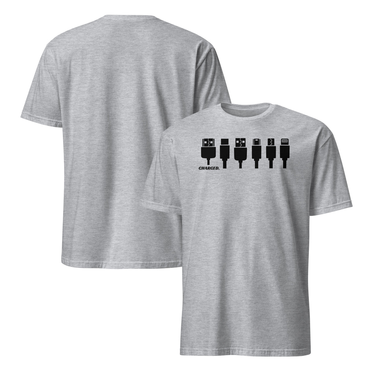 Front and back facing graphic T-shirt in color sport grey, featuring printed image of various device chargers and the written word 'CHARGED' in black print on the front of the shirt. From What Was Said (Statement Apparel + More).