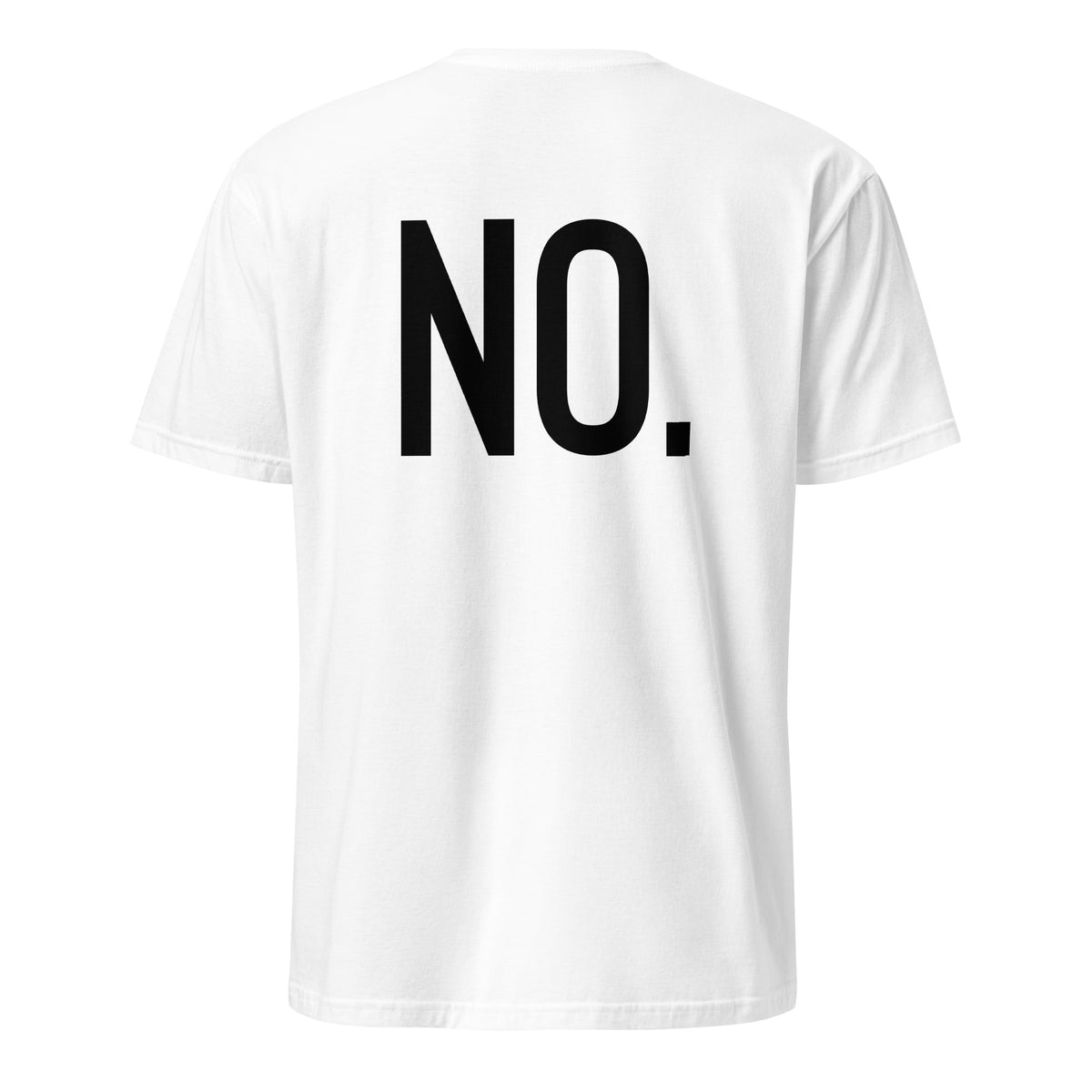 Back facing graphic t-shirt in color white, featuring the statement 'NO.' in bold black print. From What Was Said (Statement Apparel + More). 