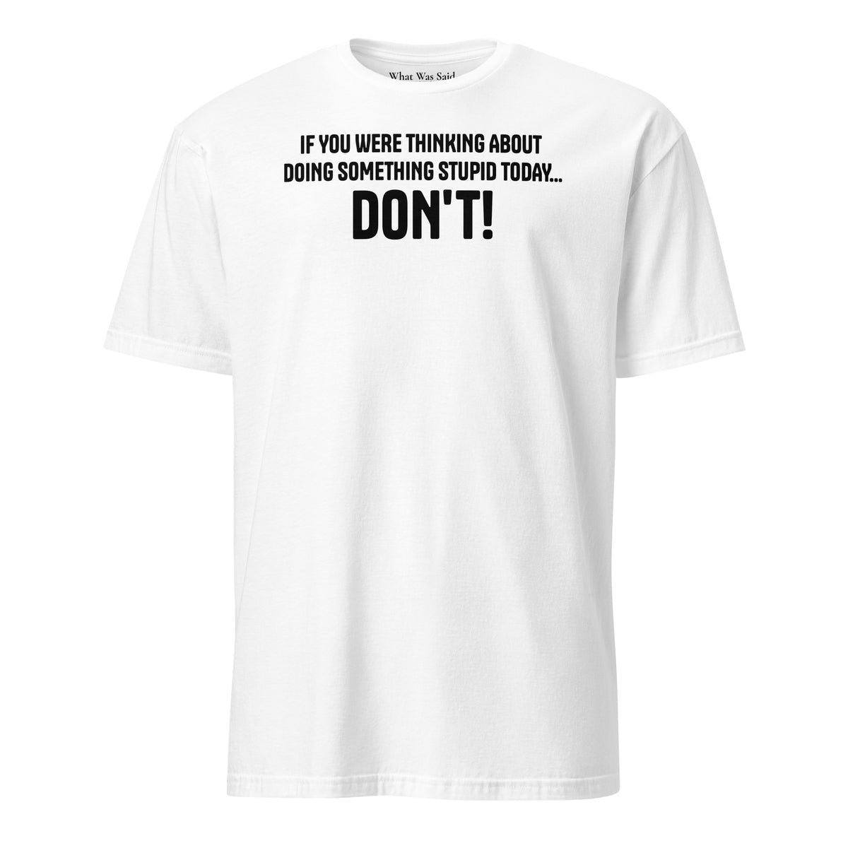 Front facing graphic t-shirt in color white, featuring statement, 'IF YOU WERE THINKING ABOUT DOING SOMETHING STUPID TODAY... DON'T!' in bold black print. From What Was Said (Statement Apparel + More).