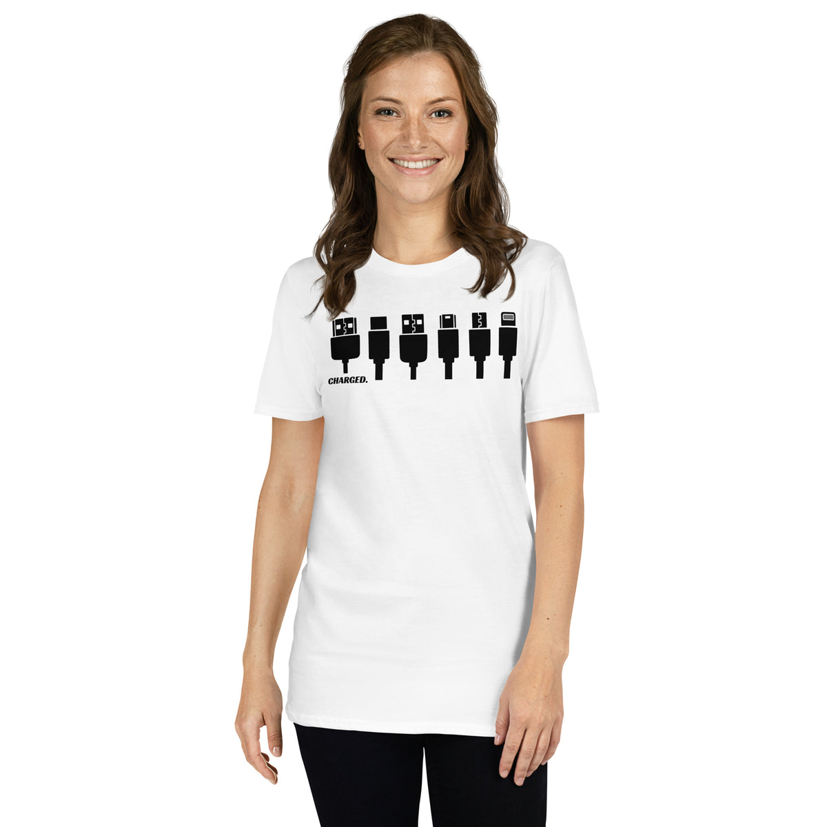 Model is wearing front facing graphic T-shirt in color white, featuring printed image of various device chargers and the written word 'CHARGED' in black print. From What Was Said (Statement Apparel + More).