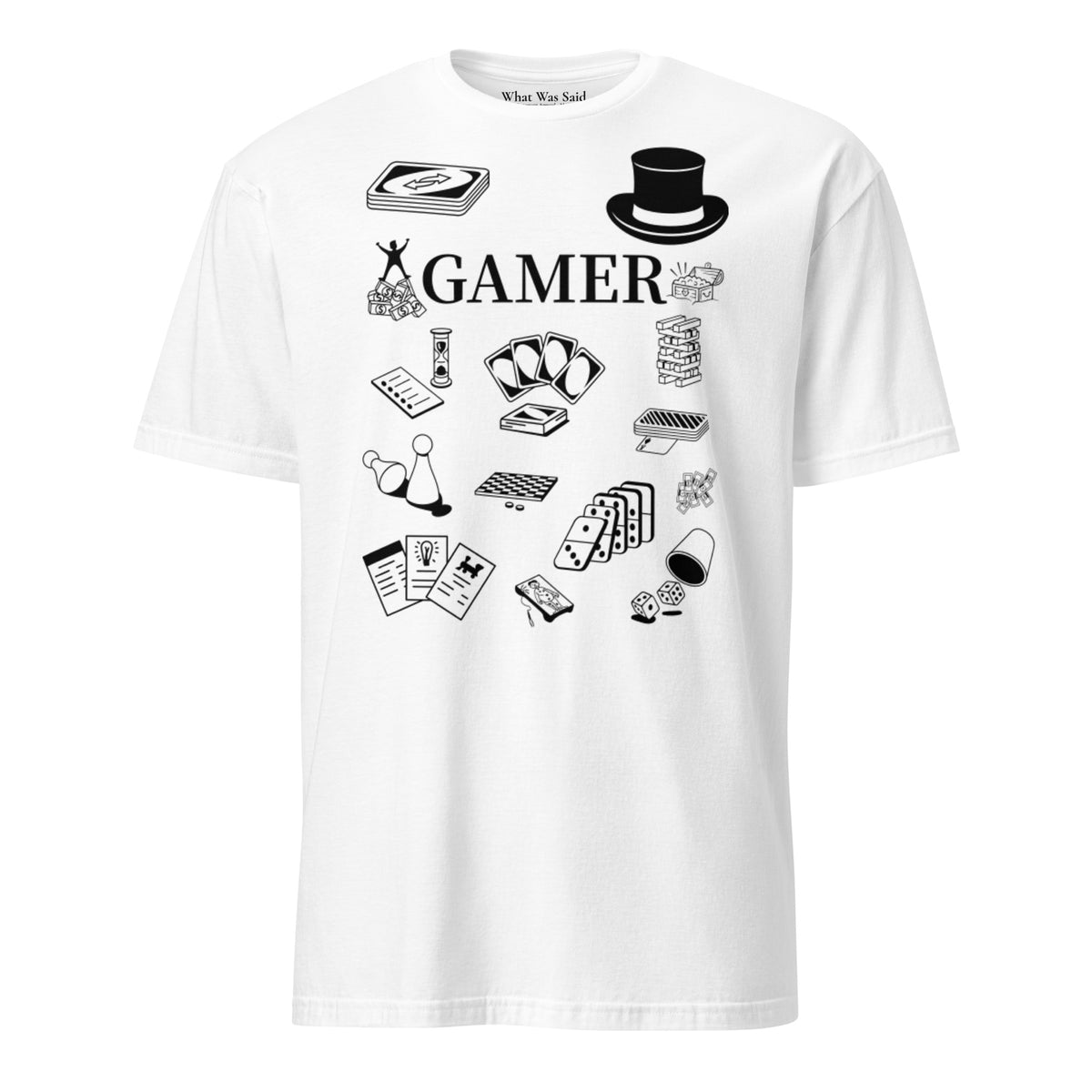 Front facing graphic T-shirt in color white, featuring printed image of various classic board game pieces and the word 'GAMER' in black print, from What Was Said (Statement Apparel + More). 
