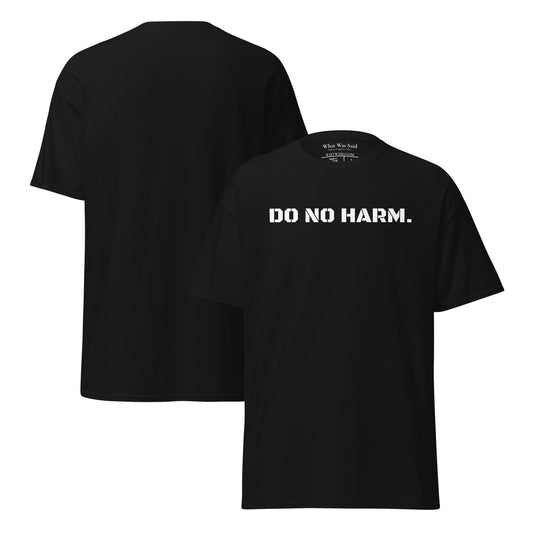 Front and back facing graphic t-shirt in color black, featuring statement 'DO NO HARM', in bold white print on the front of the shirt. From What Was Said (Statement Apparel + More).