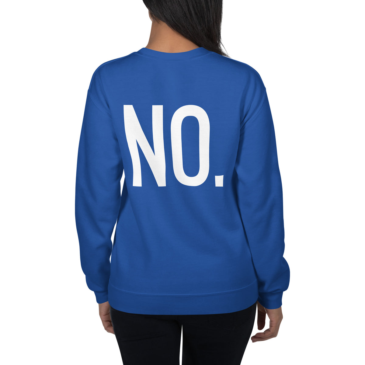 Model wearing back facing graphic sweatshirt in color royal blue, from What Was Said (Statement Apparel + More). 