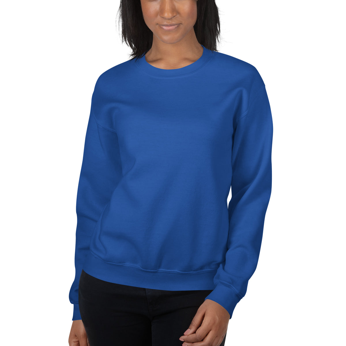 Model wearing front facing graphic sweatshirt in color royal blue, from What Was Said (Statement Apparel + More). 