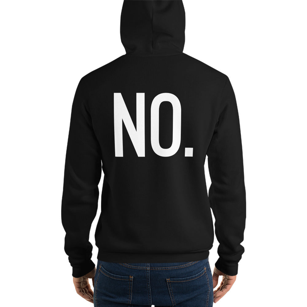 Model is wearing back facing pullover graphic hoodie in color black, featuring the statement 'NO.' in bold white print. from What Was Said (Statement Apparel + More). 