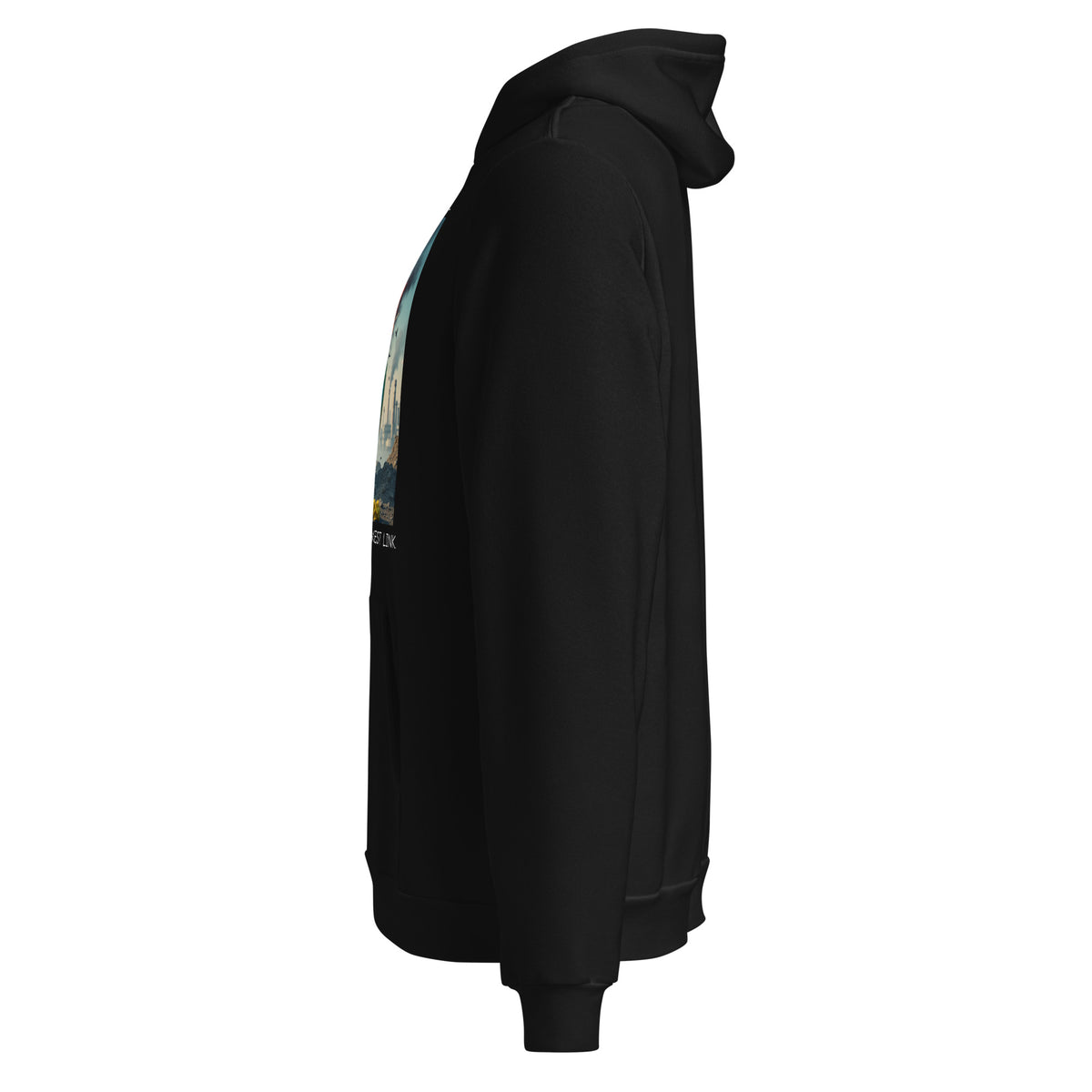 Left side facing graphic hoodie in color black, from What Was Said (Statement Apparel + More). mockup