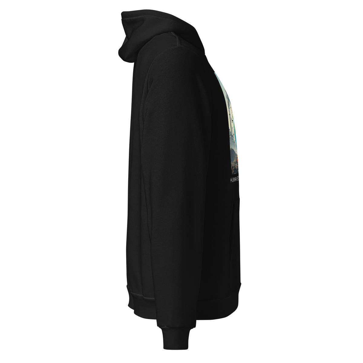 Right side facing graphic hoodie in color black, from What Was Said (Statement Apparel + More). mockup