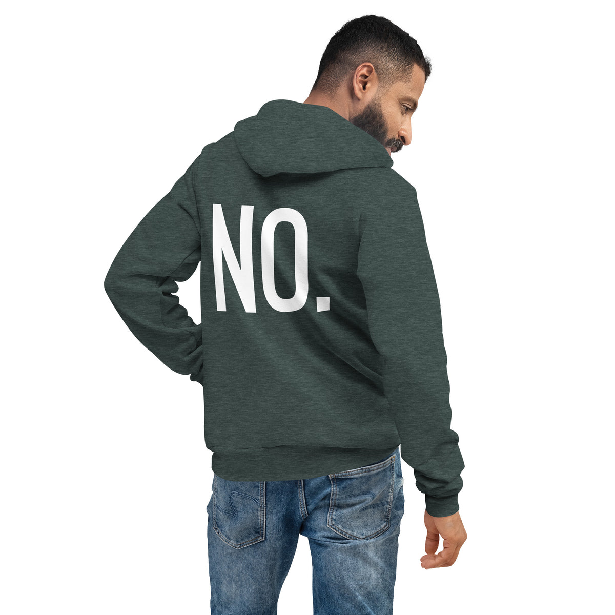 Model is wearing back facing pullover graphic hoodie in color heather forest green, featuring the statement 'NO.' in bold white print. from What Was Said (Statement Apparel + More). 