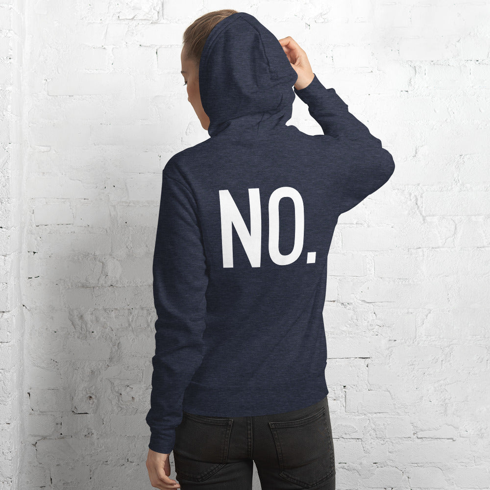 Model is wearing back facing pullover graphic hoodie in color heather navy blue, featuring the statement 'NO.' in bold white print. from What Was Said (Statement Apparel + More). 