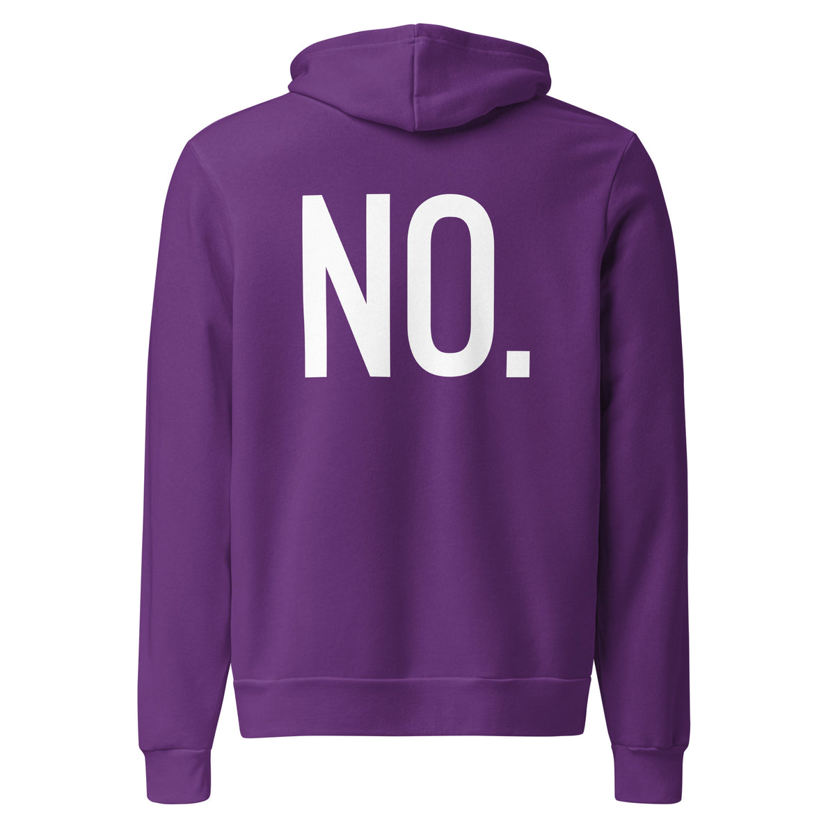 Back facing pullover graphic hoodie in color purple, featuring the statement 'NO.' in bold white print. from What Was Said (Statement Apparel + More). 