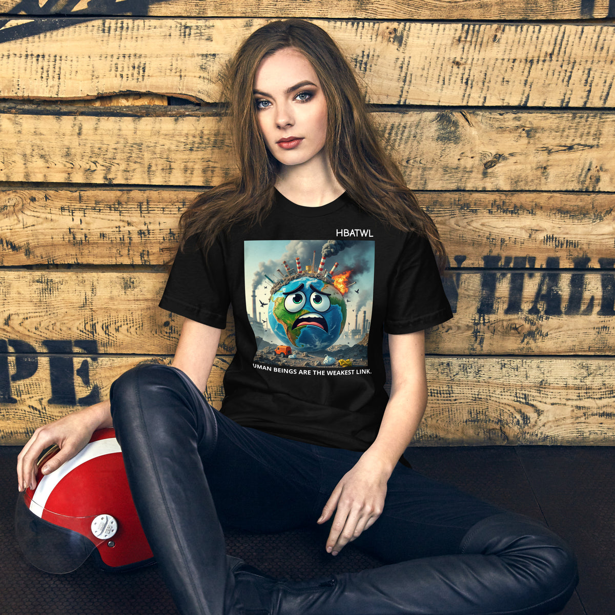 Model is wearing front facing graphic T-shirt in color black featuring an animated earth with facial expression of concern over being negatively effected by human pollution. Bold statement on the shirt reads, 'Human Beings Are The Weakest link.', in white print. From What Was Said (Statement Apparel + More). 