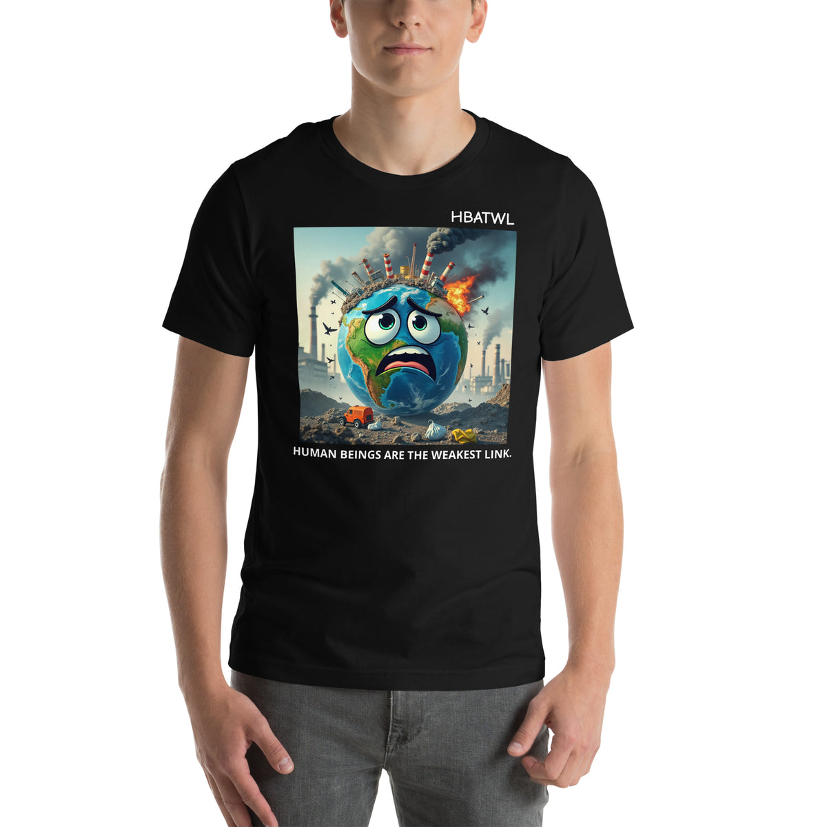 Model is wearing front facing graphic T-shirt in color black featuring an animated earth with facial expression of concern over being negatively effected by human pollution. Bold statement on the shirt reads, 'Human Beings Are The Weakest link.', in white print. From What Was Said (Statement Apparel + More). 