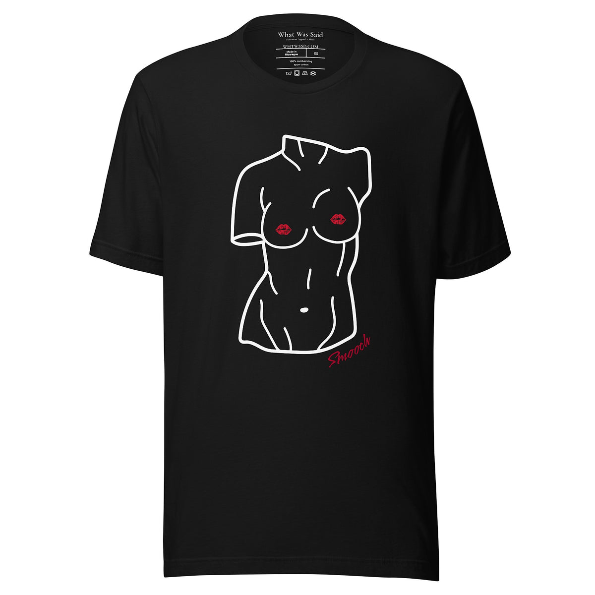 Front-facing graphic T-shirt in color black, featuring a woman's bust sculpture outlined in white with red lip shaped nipples, and the word 'Smooch' in red print, from What Was Said (Statement Apparel + More). 