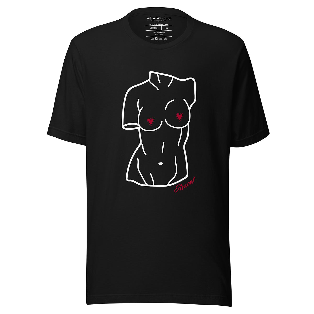 Front-facing graphic T-shirt in color black, featuring a woman's bust sculpture outlined in white with red heart shaped nipples, and the word 'Amour' in red print, from What Was Said (Statement Apparel + More). 
