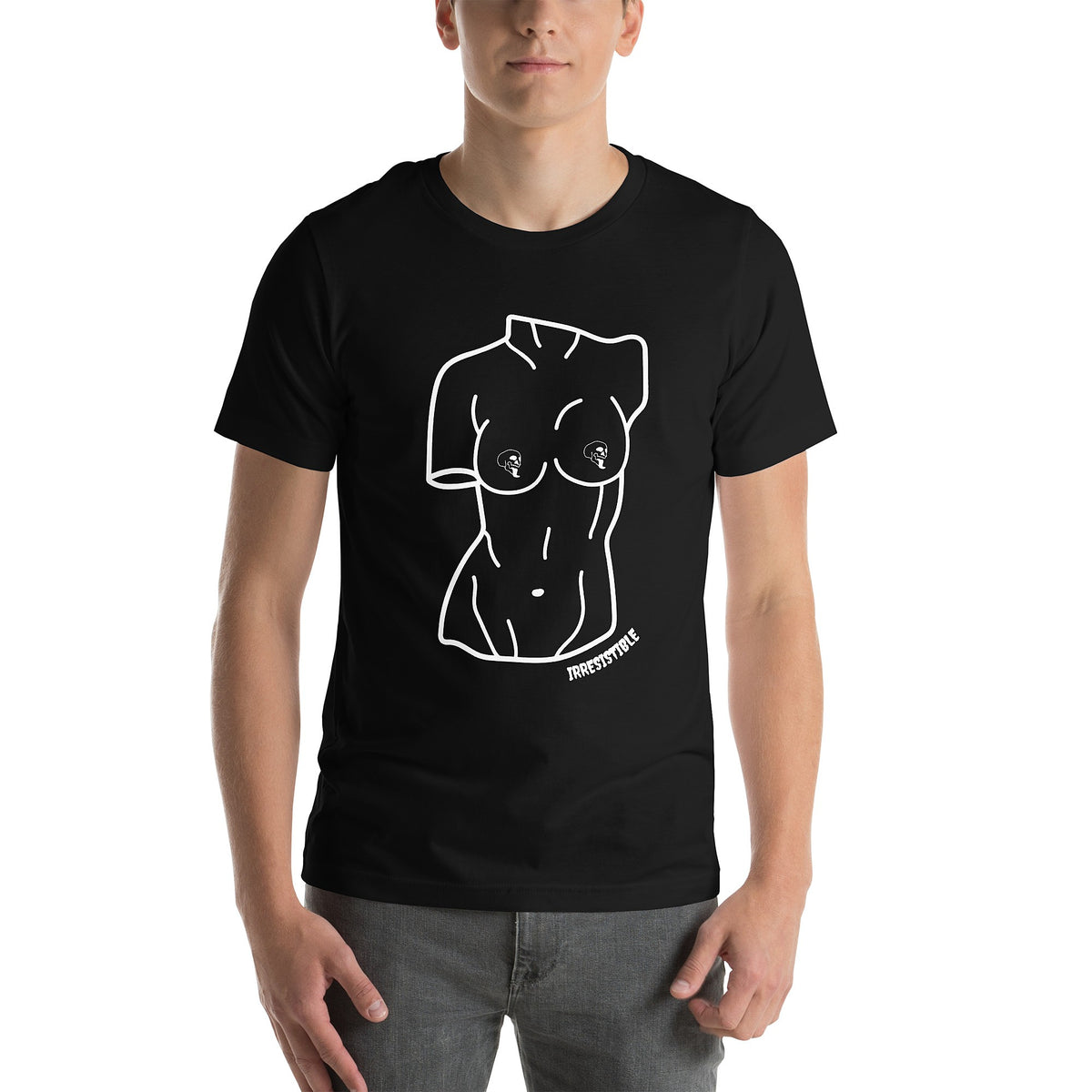 Model is wearing front-facing graphic T-shirt in color black, featuring a woman's bust sculpture outlined in white with skull shaped nipples, and the word 'IRRESISTIBLE' in white print, from What Was Said (Statement Apparel + More). 
