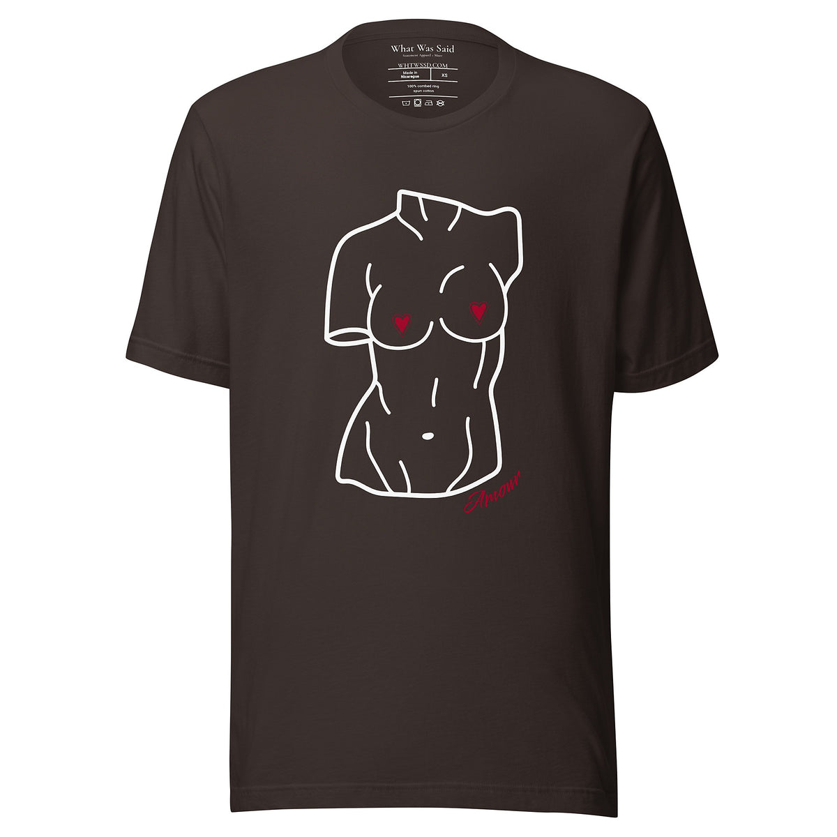 Front-facing graphic T-shirt in color brown, featuring a woman's bust sculpture outlined in white with red heart shaped nipples, and the word 'Amour' in red print, from What Was Said (Statement Apparel + More). 
