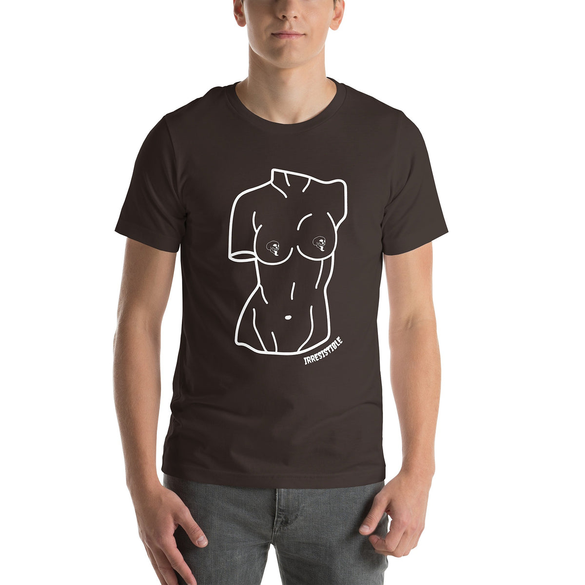 Model is wearing front-facing graphic T-shirt in color brown, featuring a woman's bust sculpture outlined in white with skull shaped nipples, and the word 'IRRESISTIBLE' in white print, from What Was Said (Statement Apparel + More). 