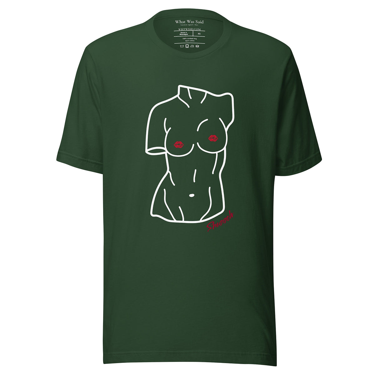 Front-facing graphic T-shirt in color forest green, featuring a woman's bust sculpture outlined in white with red lip shaped nipples, and the word 'Smooch' in red print, from What Was Said (Statement Apparel + More). 