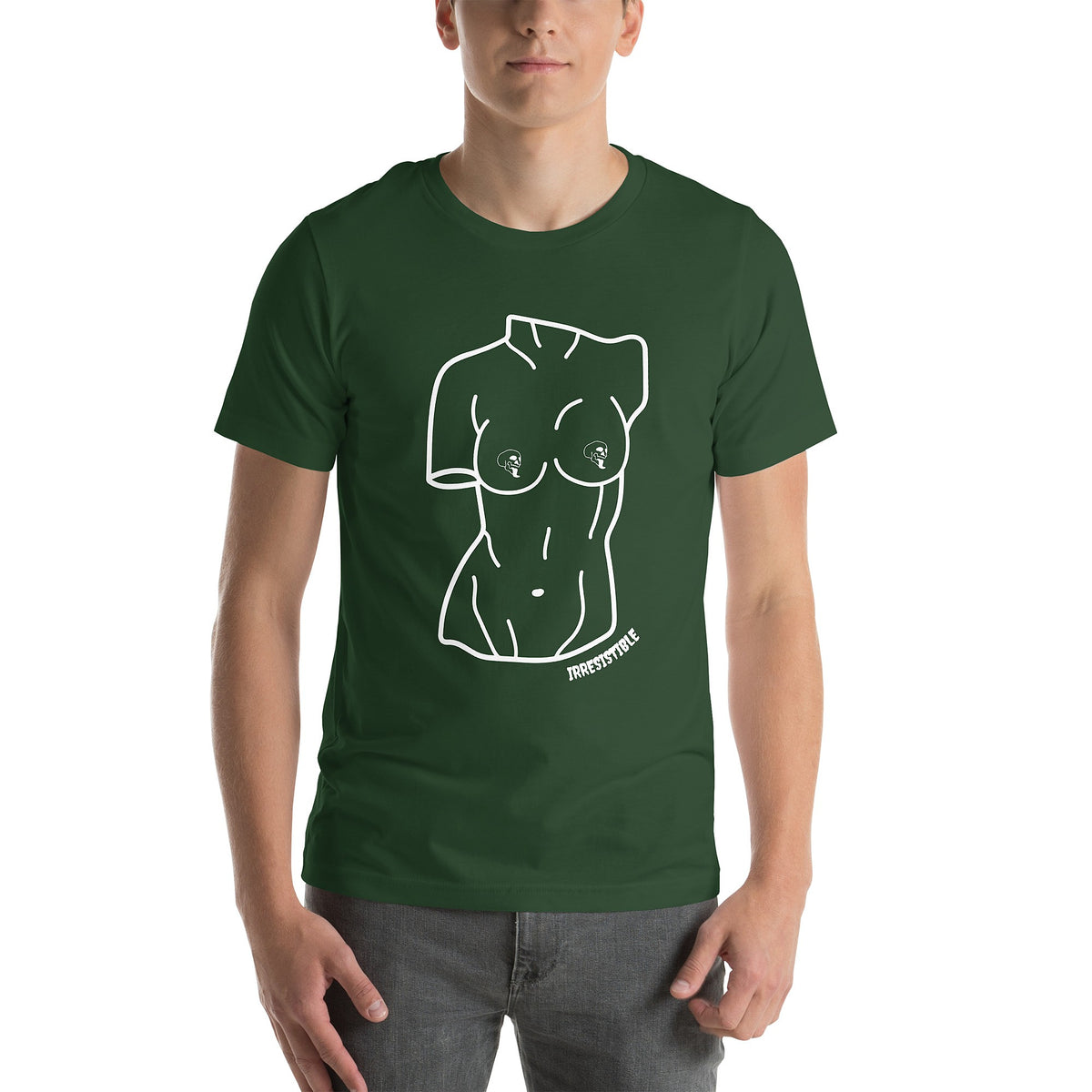 Model is wearing front-facing graphic T-shirt in color forest green, featuring a woman's bust sculpture outlined in white with skull shaped nipples, and the word 'IRRESISTIBLE' in white print, from What Was Said (Statement Apparel + More). 