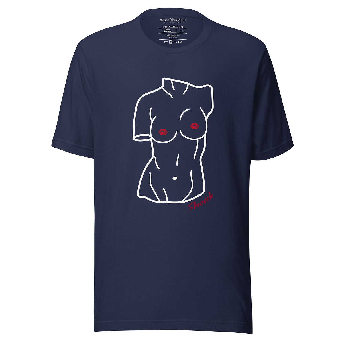 Front-facing graphic T-shirt in color navy blue, featuring a woman's bust sculpture outlined in white with red lip shaped nipples, and the word 'Smooch' in red print, from What Was Said (Statement Apparel + More). 