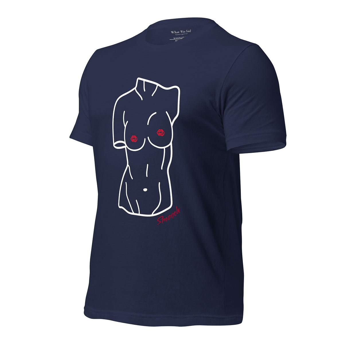 Left front-facing graphic T-shirt in color navy blue, featuring a woman's bust sculpture outlined in white with red lip shaped nipples, and the word 'Smooch' in red print, from What Was Said (Statement Apparel + More). 
