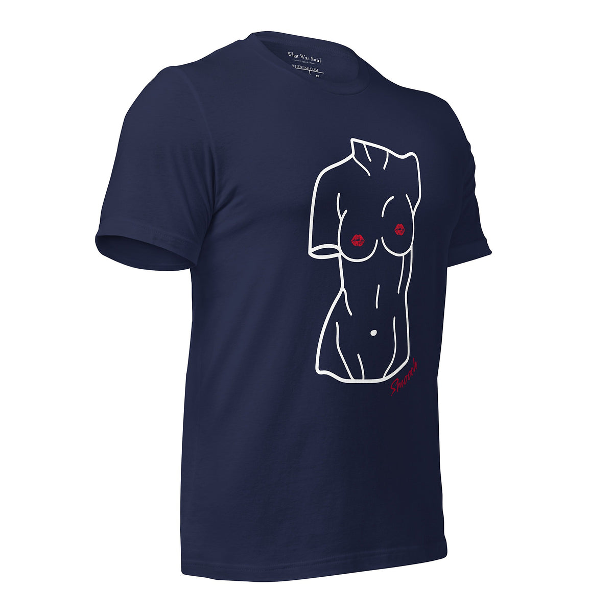 Right front-facing graphic T-shirt in color navy blue, featuring a woman's bust sculpture outlined in white with red lip shaped nipples, and the word 'Smooch' in red print, from What Was Said (Statement Apparel + More). 