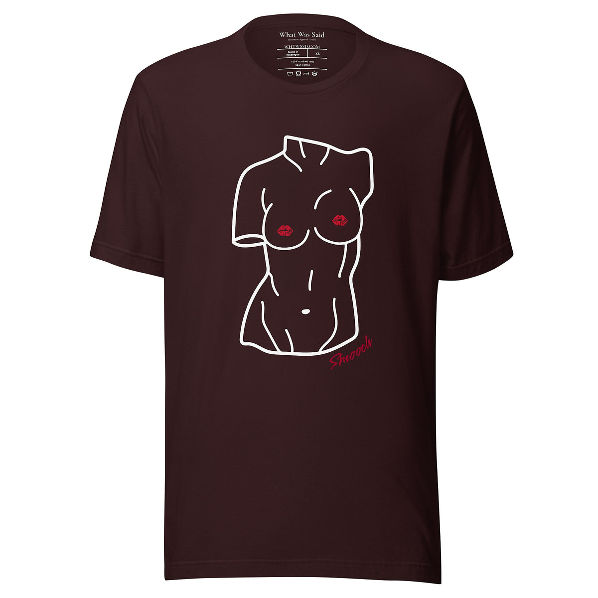 Front-facing graphic T-shirt in color oxblood dark reddish black, featuring a woman's bust sculpture outlined in white with red lip shaped nipples, and the word 'Smooch' in red print, from What Was Said (Statement Apparel + More). 