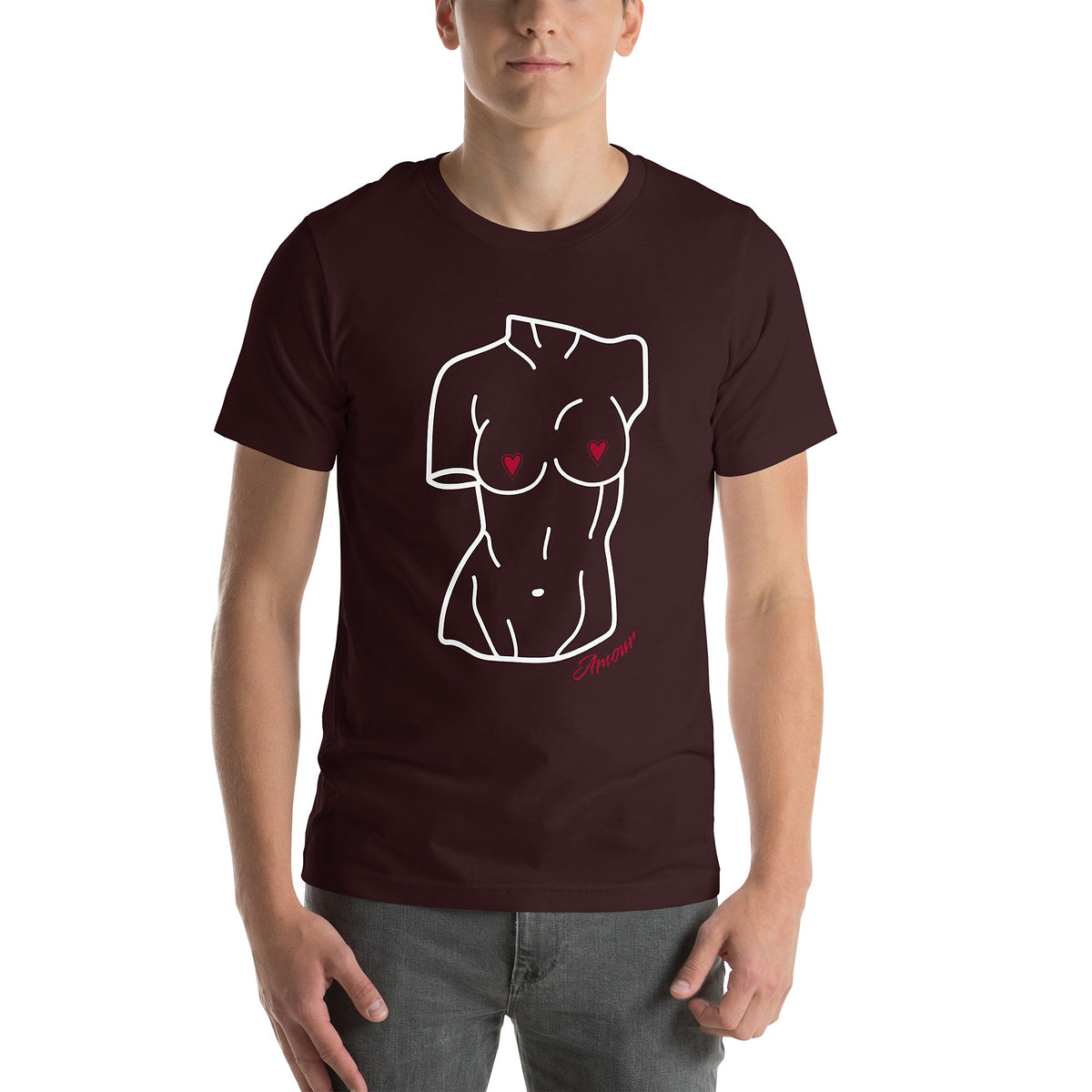 Model is wearing front-facing graphic T-shirt in color oxblood dark reddish black, featuring a woman's bust sculpture outlined in white with red heart shaped nipples, and the word 'Amour' in red print, from What Was Said (Statement Apparel + More). 